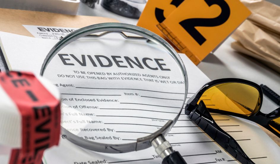 magnifying glass focusing on the word evidence on a table with crime scene items