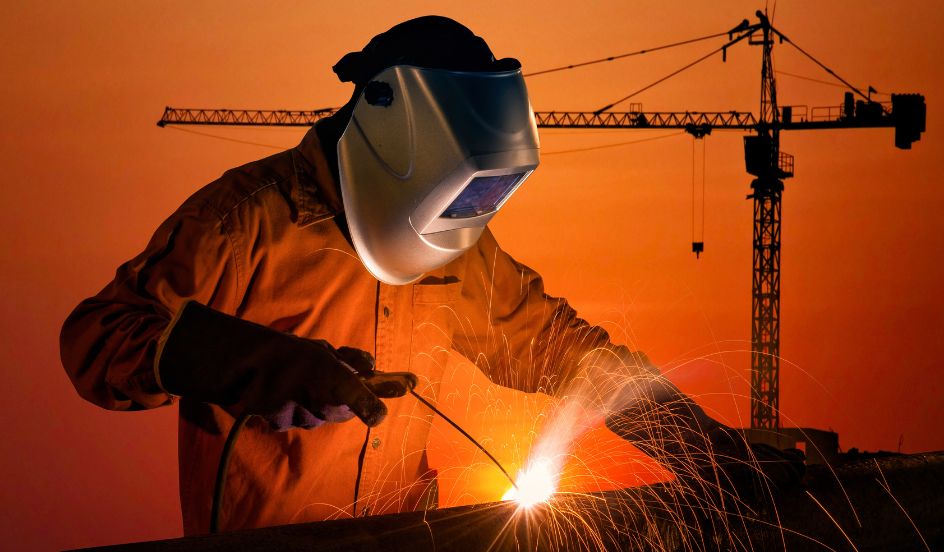 welder welding building with orange background