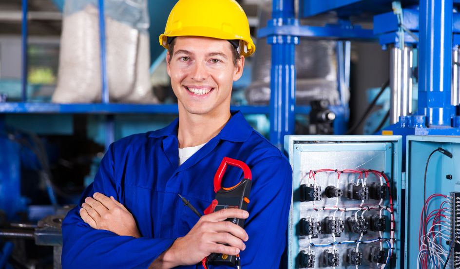 electrician standing in front of an electrical panel