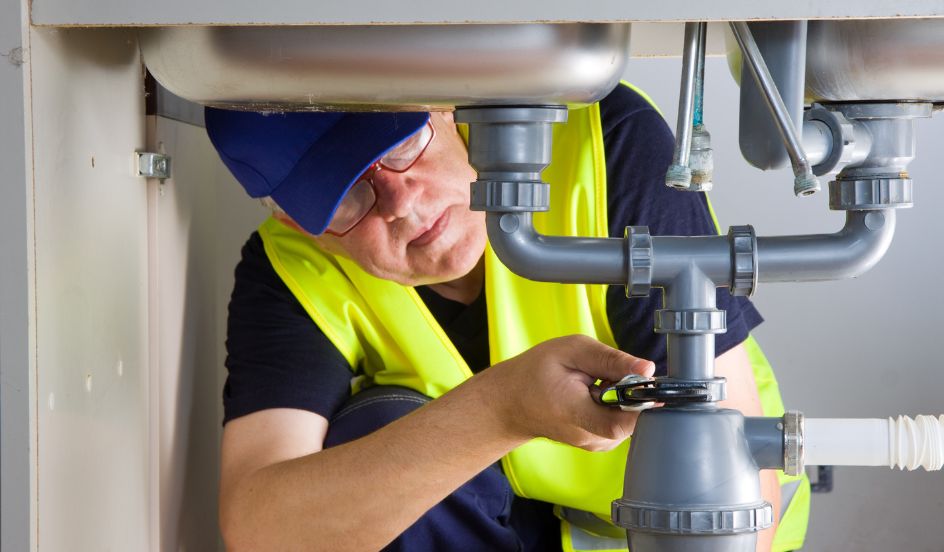 professional plumber working under sink on pipe