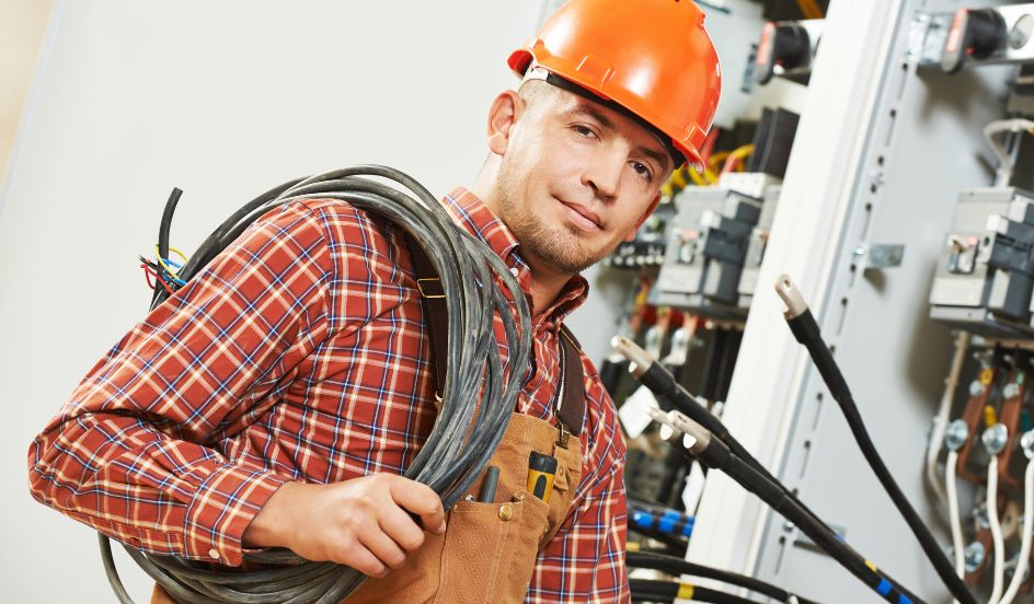 male electrician holding wires in front of an electrical panel