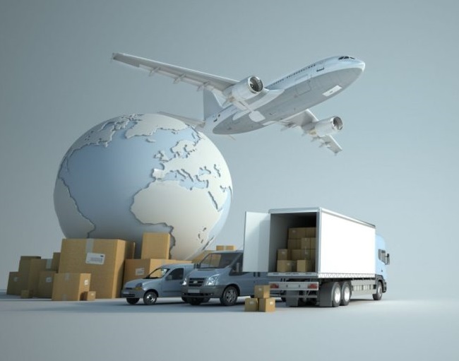a white globe, packages, a delivery van, a transport truck, and an airplane